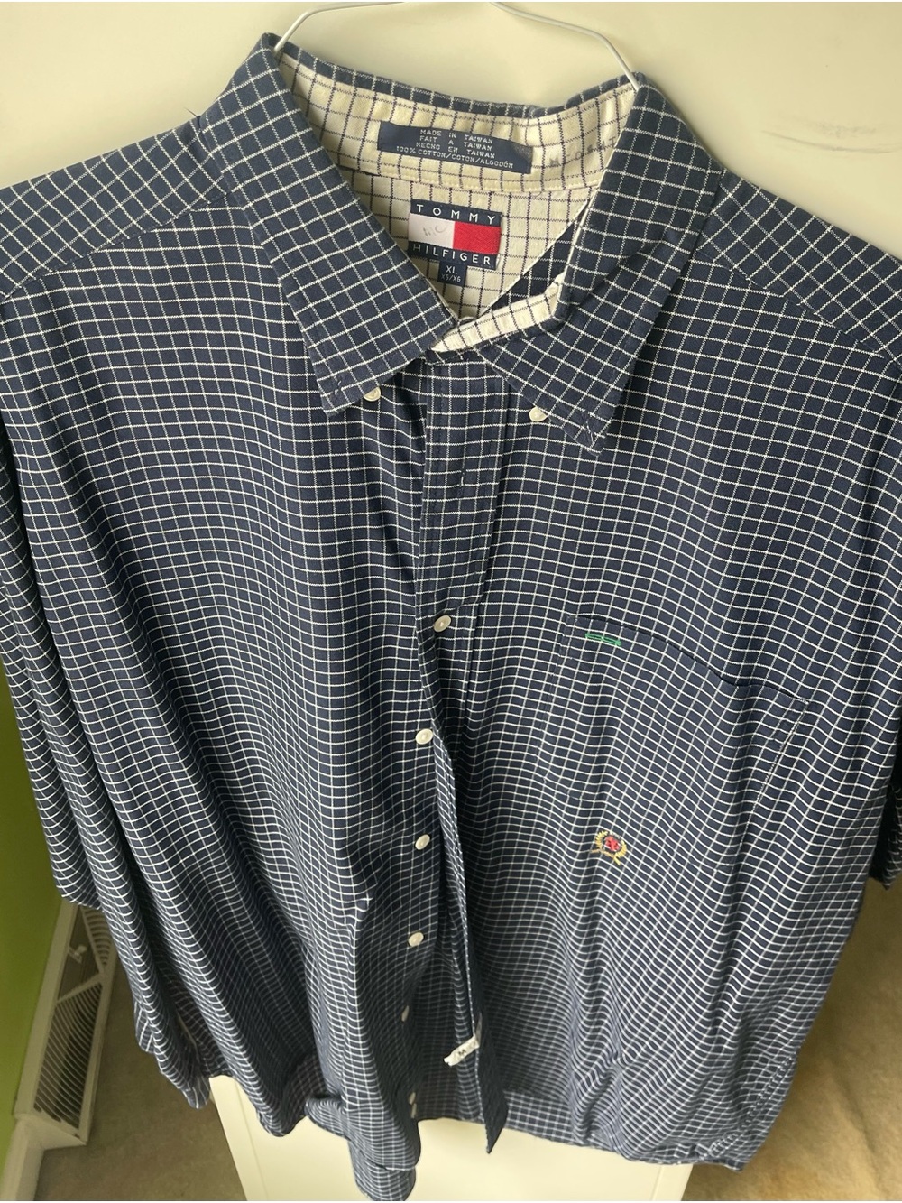 Tommy Hilfiger Navy and White Grid Button-Down Shirt with Small Red Logo